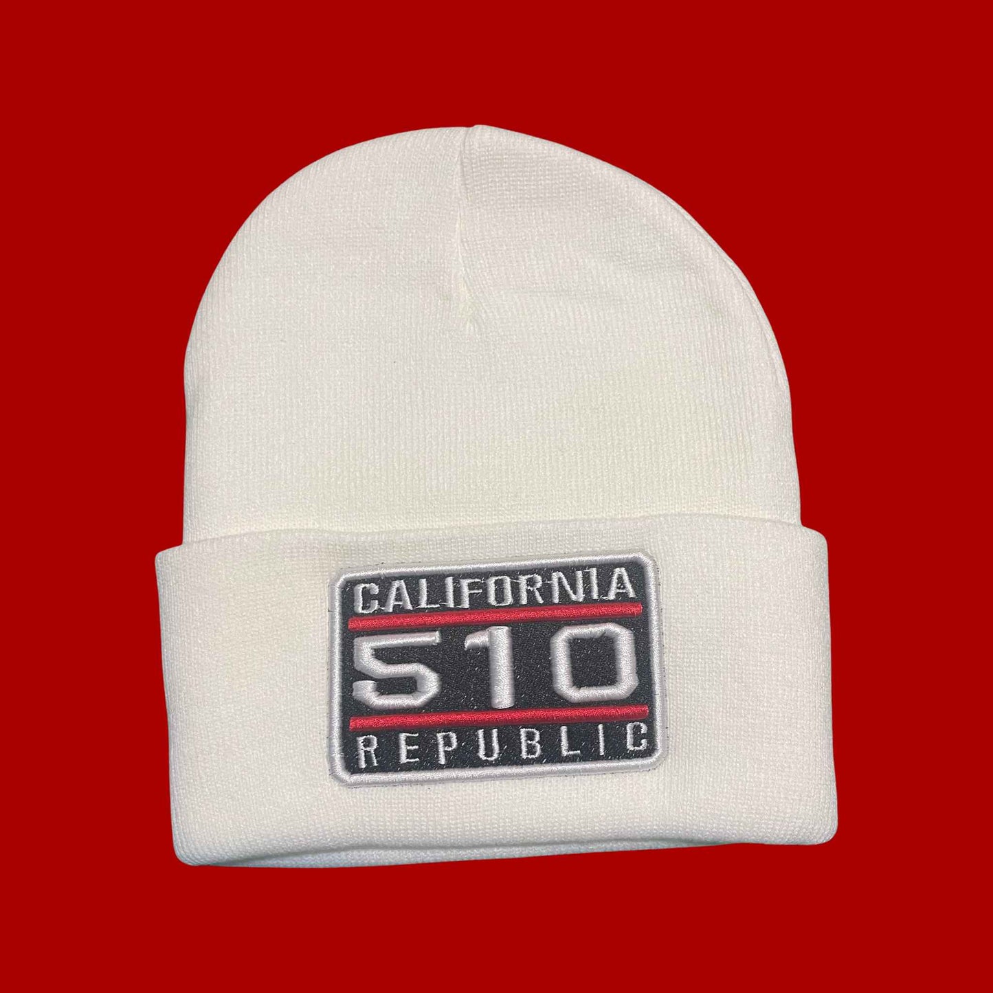 "California 510 Republic" White, White/Red Embroidered, Beanie Cap