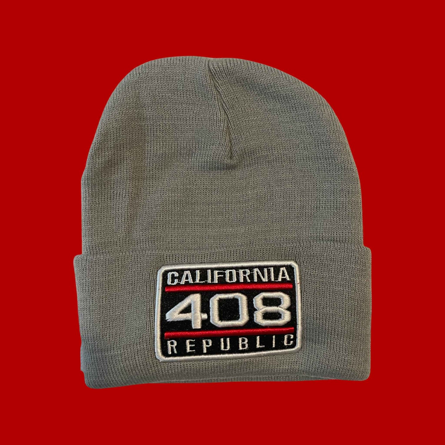 "California 408 Republic" Grey, White/Red Embroidered, Beanie Cap
