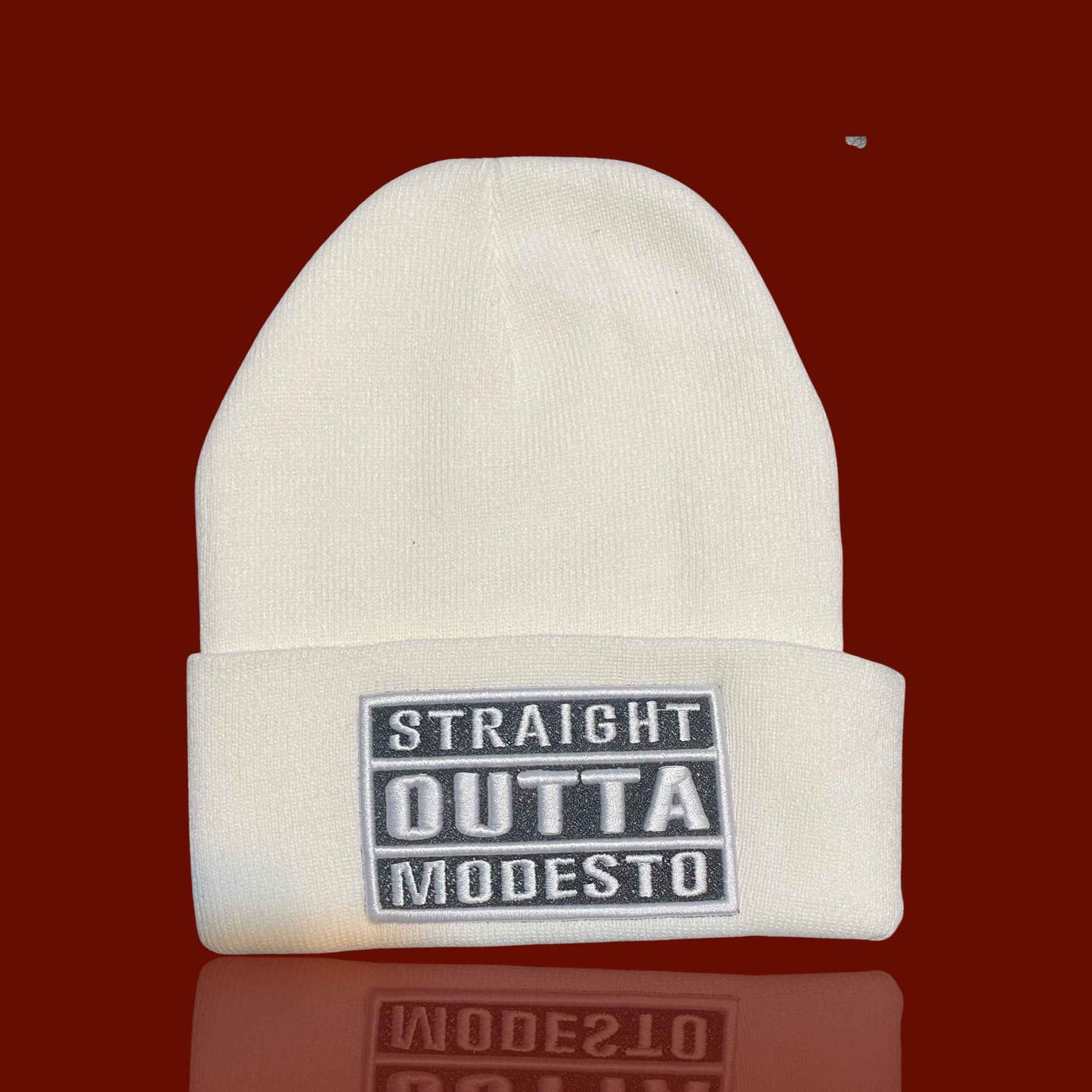 "Straight Outta Modesto" White,White/Black Lettering Embroidered Beanie Cap