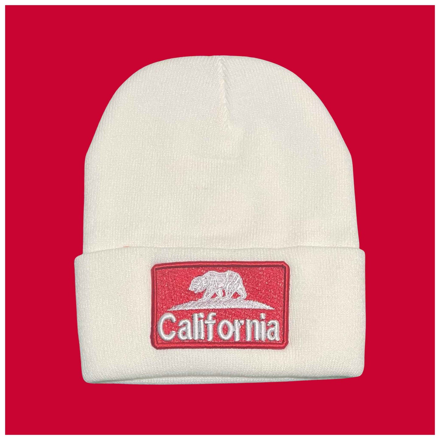 "California Bear" White, White/Red Embroidered, Beanie Cap