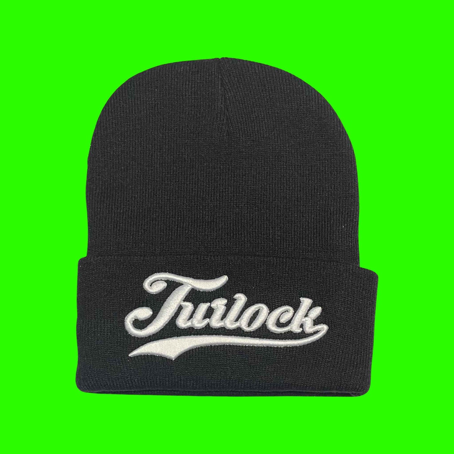 "Turlock " Black,White Lettering Embroidered, Beanie Cap