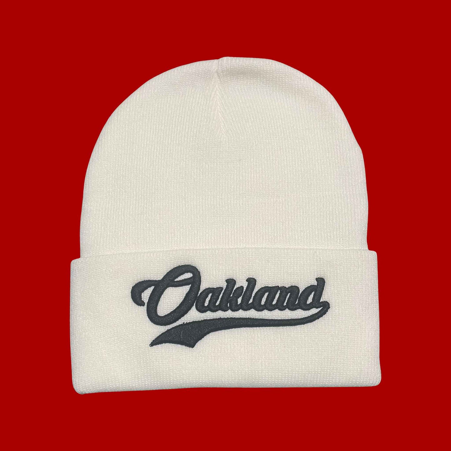 "Oakland" White,Black Embroidered, Beanie Cap