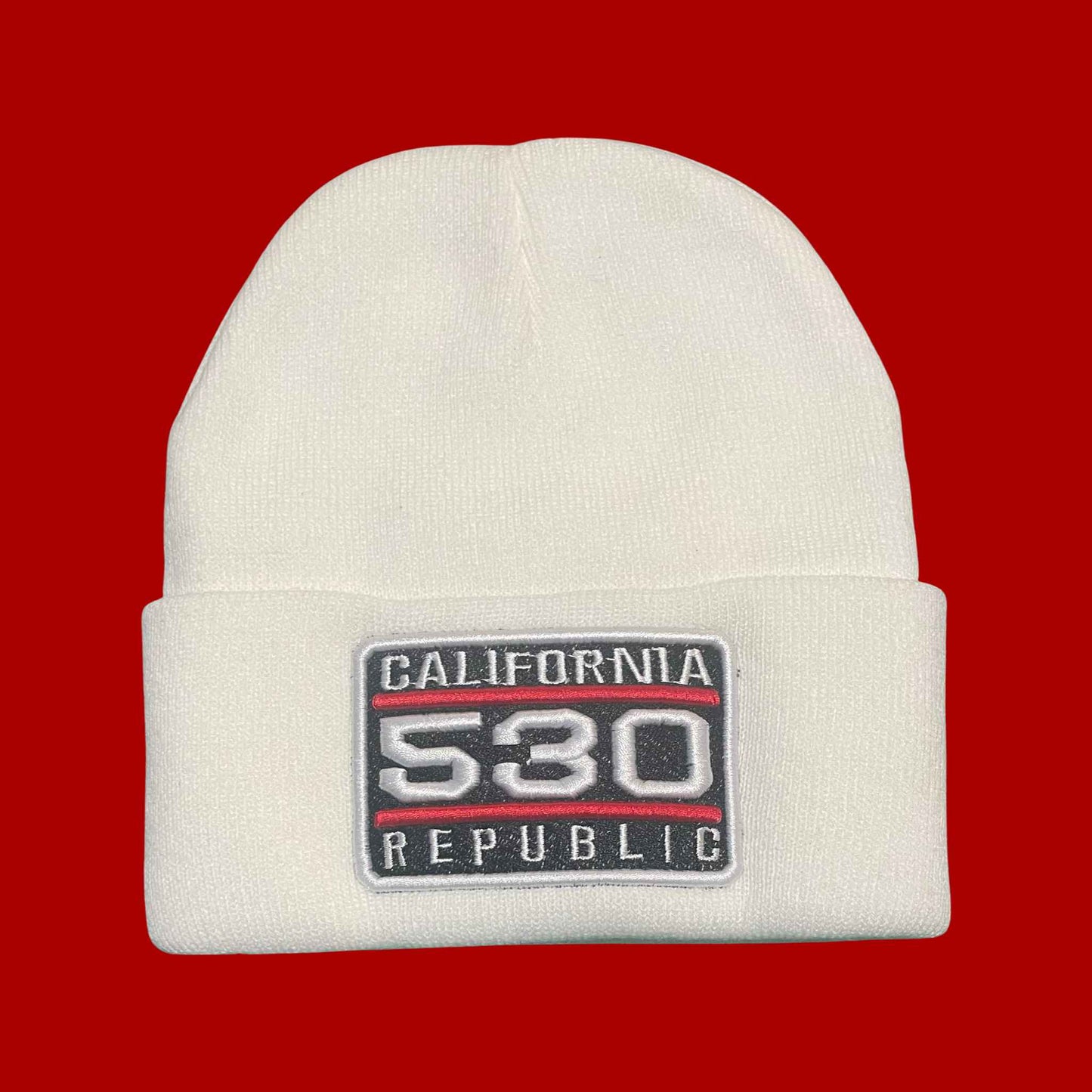 "California 530 Republic" White, White/Red Embroidered, Beanie Cap