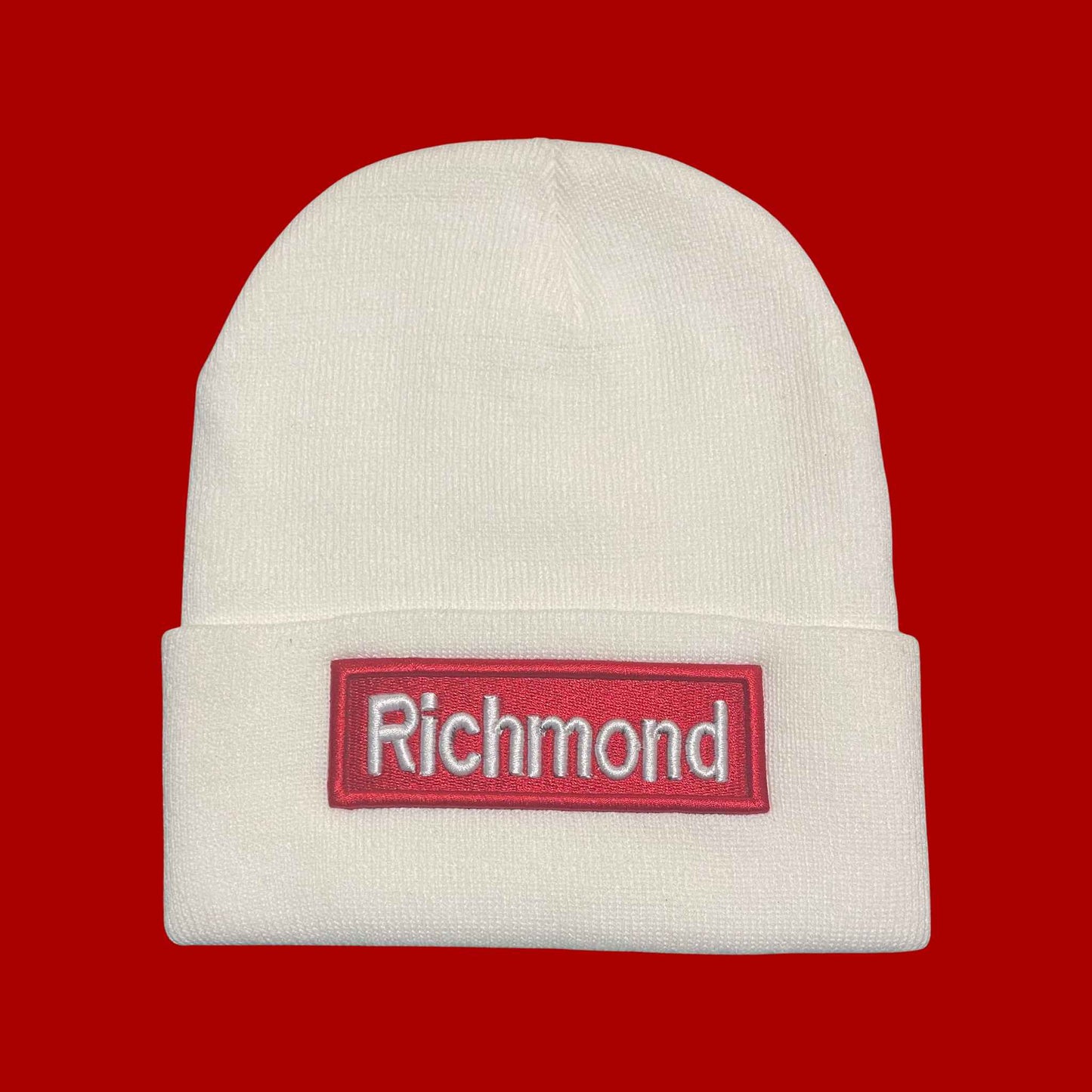 "Richmond" White, Red Lettering Embroidered, Beanie Cap