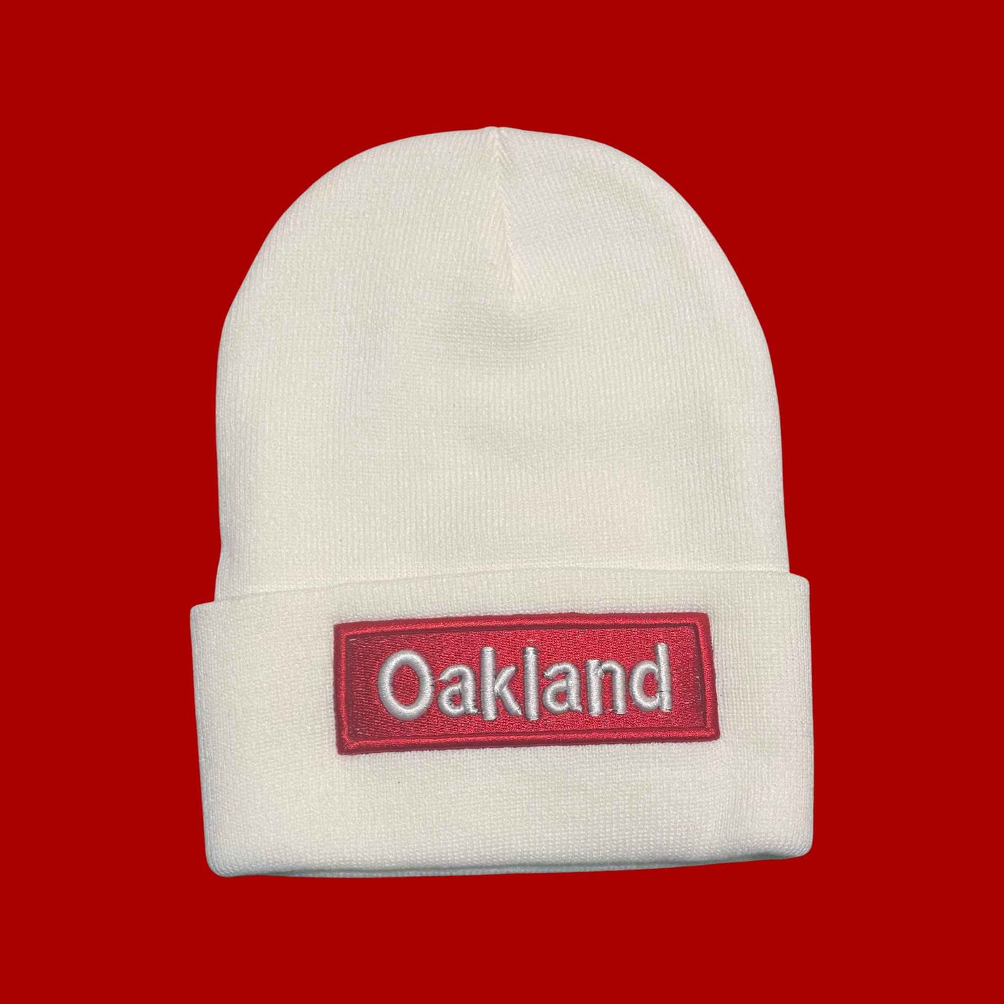 "Oakland" White, Red Lettering Embroidered, Beanie Cap