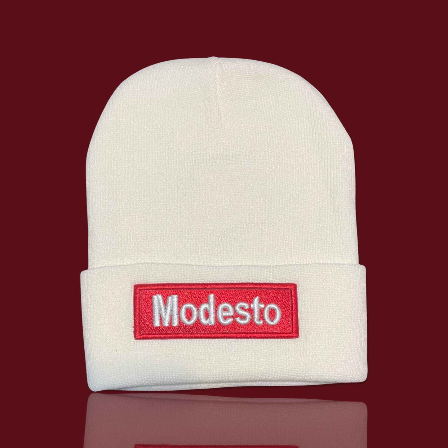 "Modesto" White, Red/White Lettering Embroidered, Beanie Cap