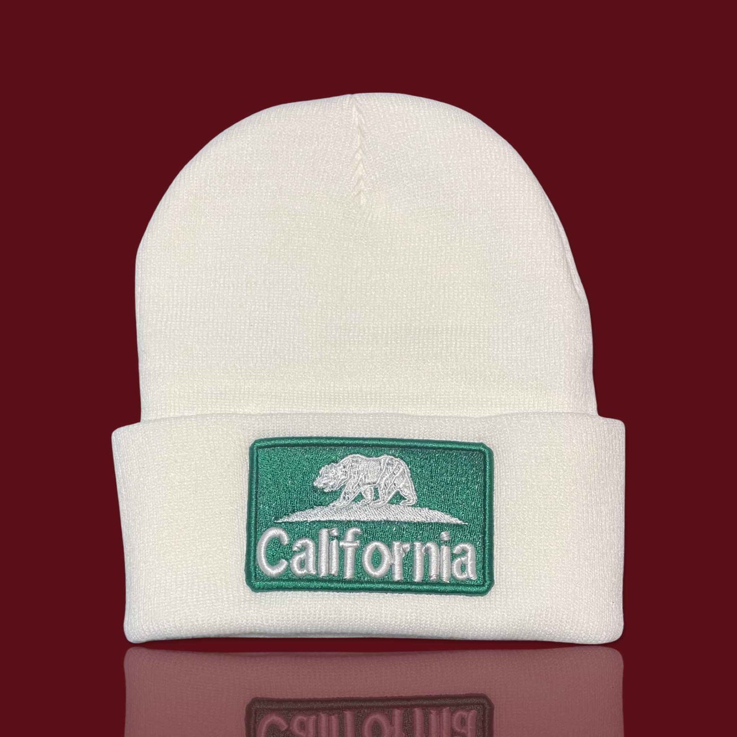 "California Bear" White, White/Green Embroidered, Beanie Cap