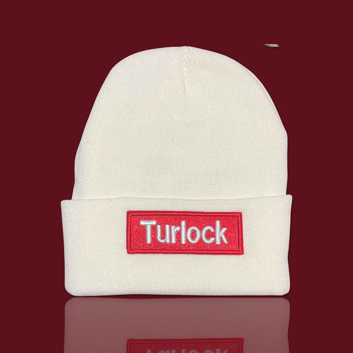 "Turlock" White, Red Lettering Embroidered, Beanie Cap