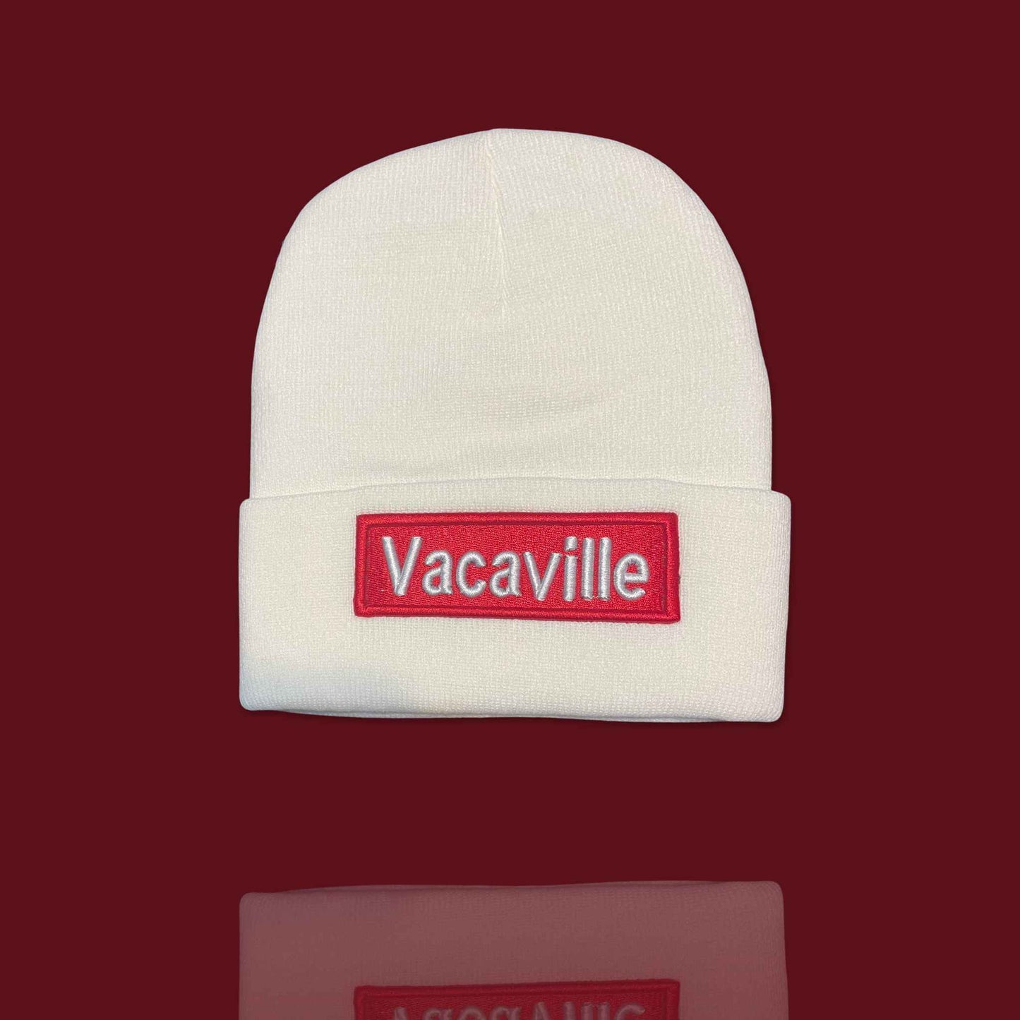 "Vacaville" White, Red Lettering Embroidered, Beanie Cap