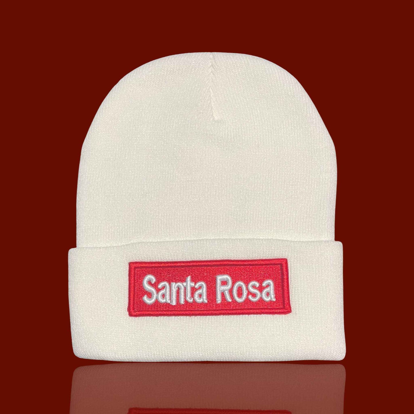 "Santa Rosa" White, Red Lettering Embroidered, Beanie Cap