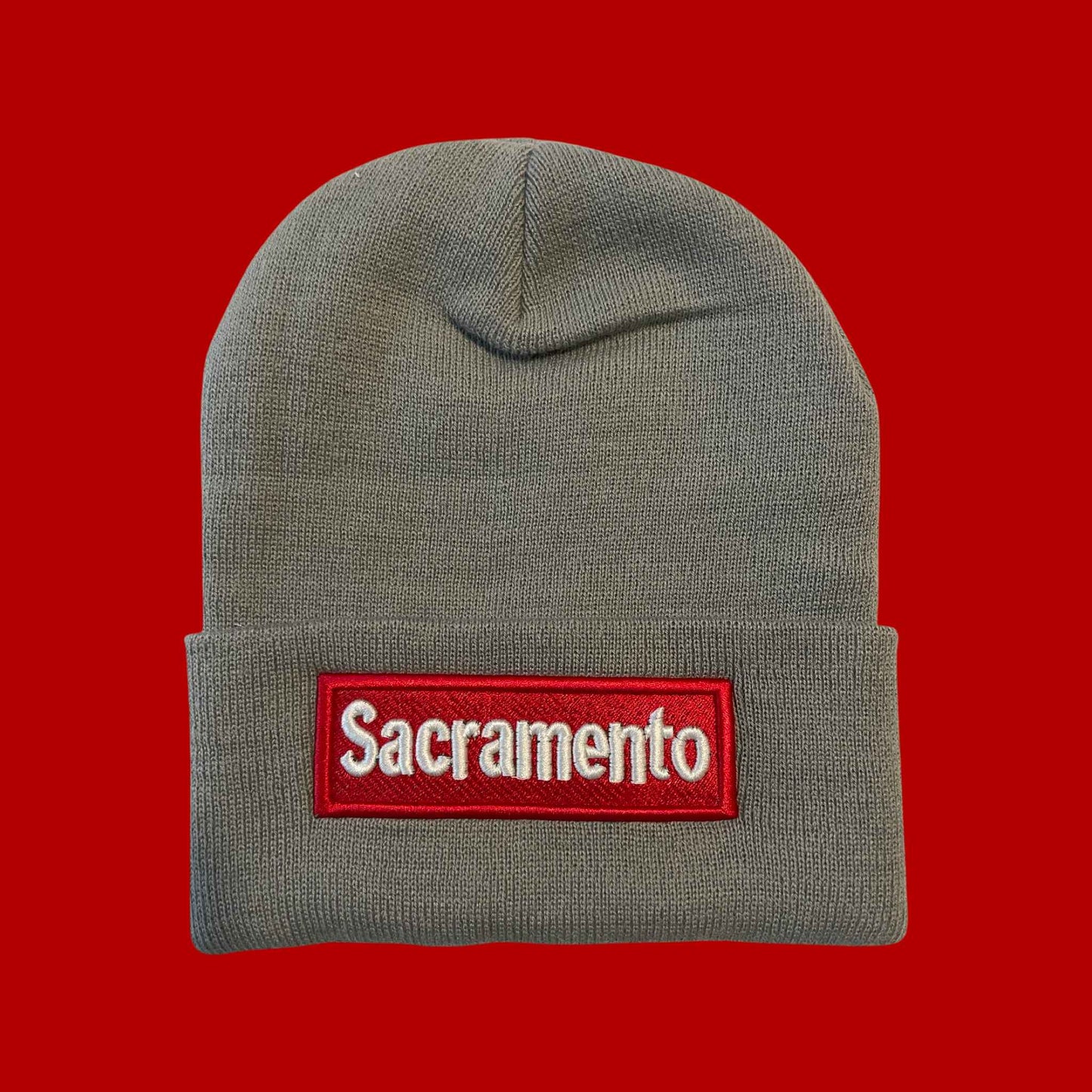 "Sacramento" Grey, White/Red Lettering Embroidered, Beanie Cap