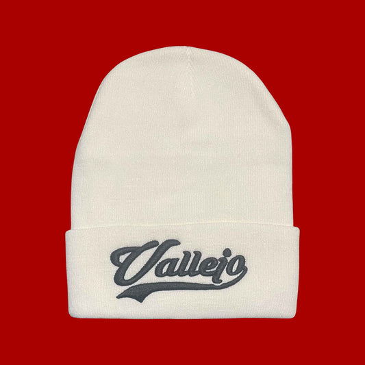 "Vallejo" White,Black Embroidered, Beanie Cap