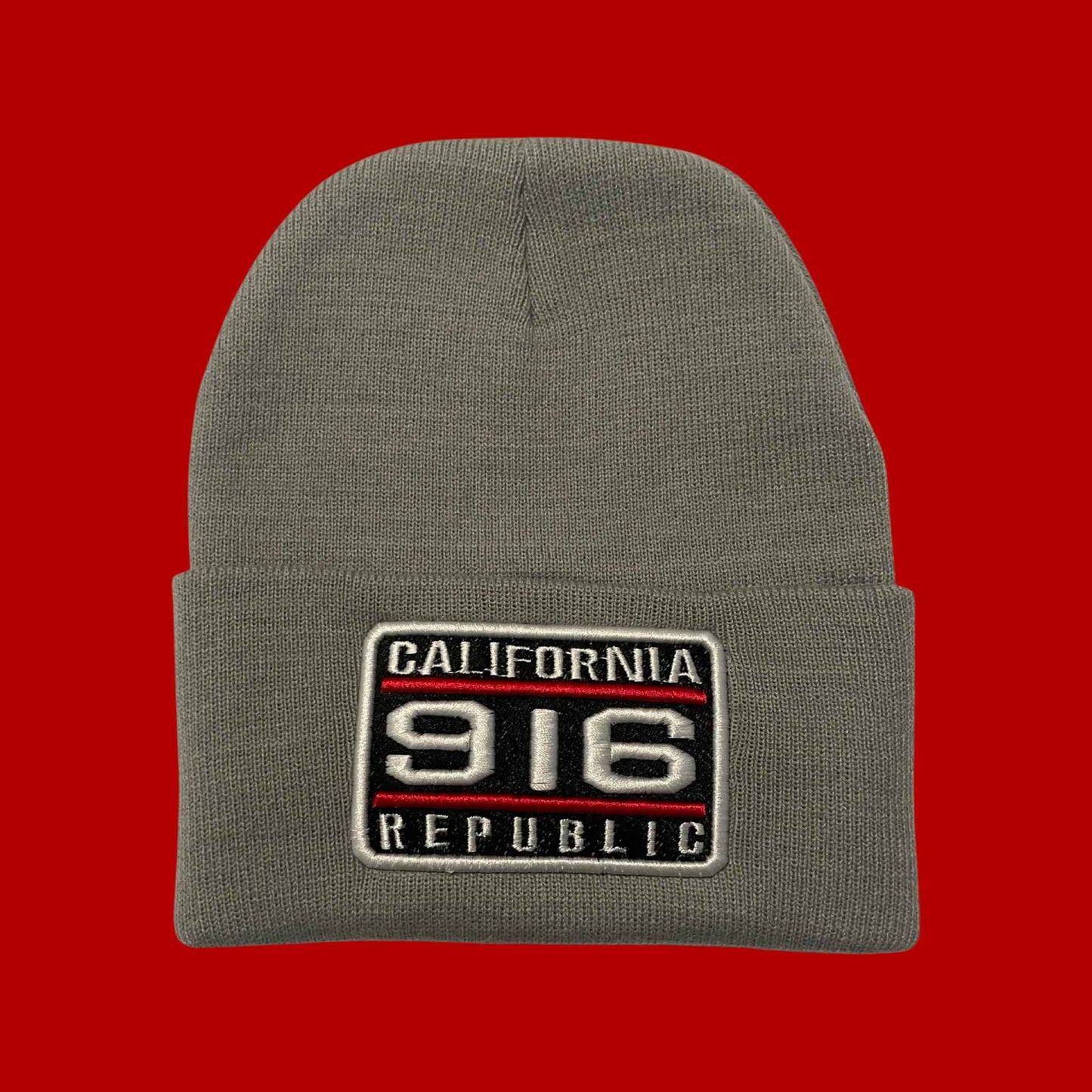 "California 916 Republic" Grey, White/Red Embroidered, Beanie Cap