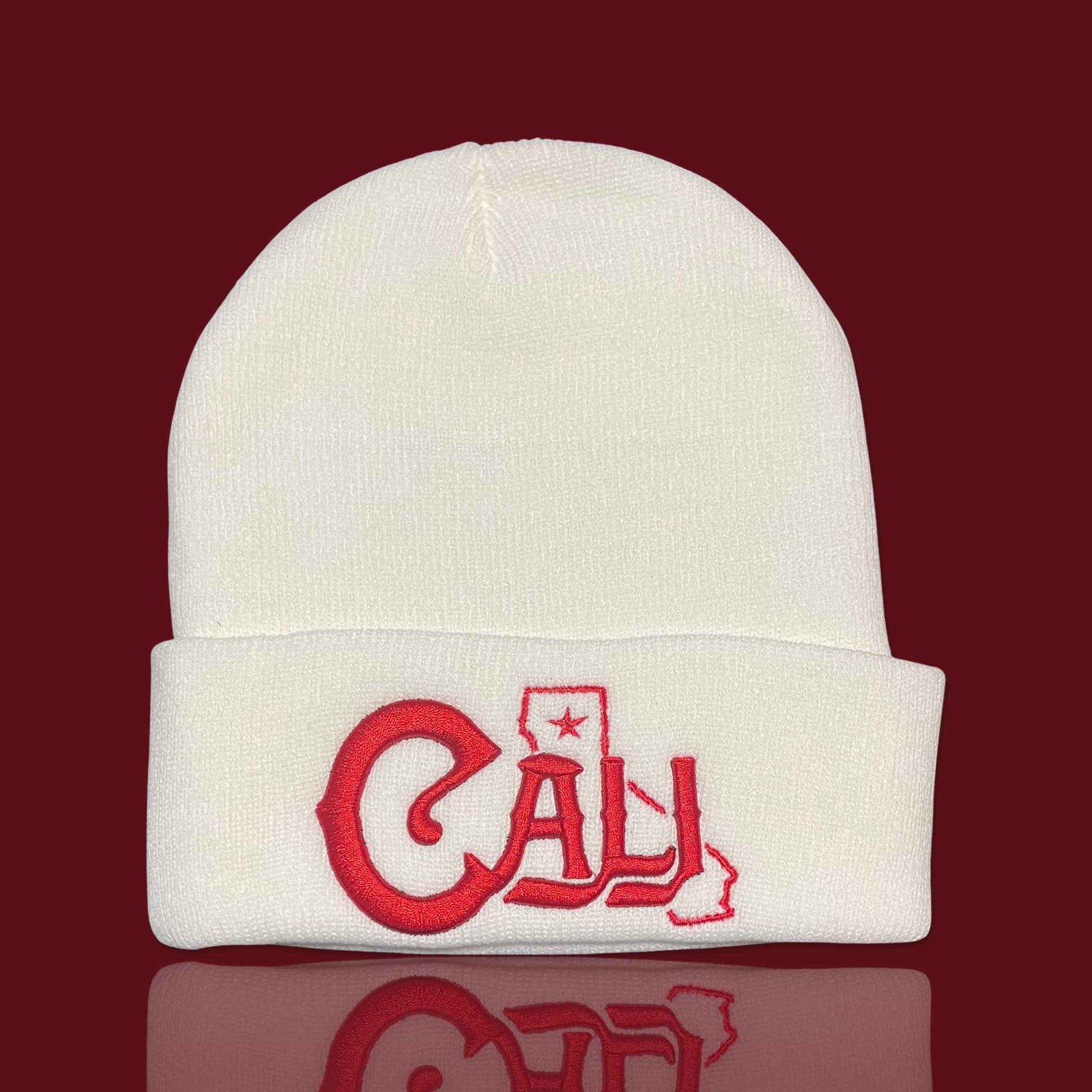 "CALI Star" White, Red Lettering Embroidered, Beanie Cap