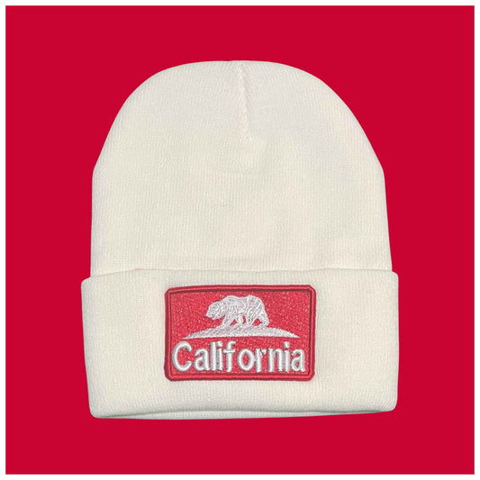 "California Bear" White, White/Red Embroidered, Beanie Cap