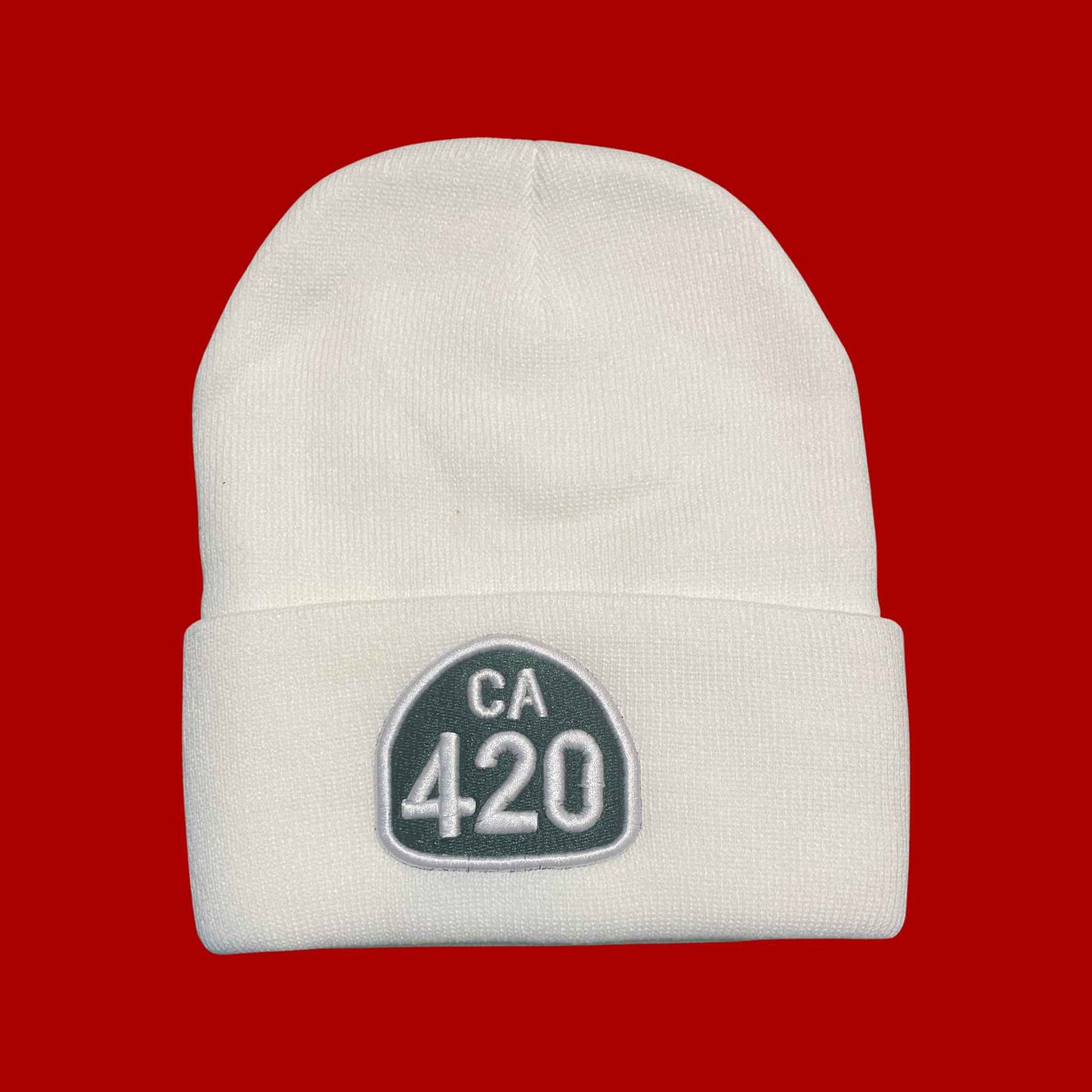 "CA 420" White, White/Green Lettering Embroidered, Beanie Cap