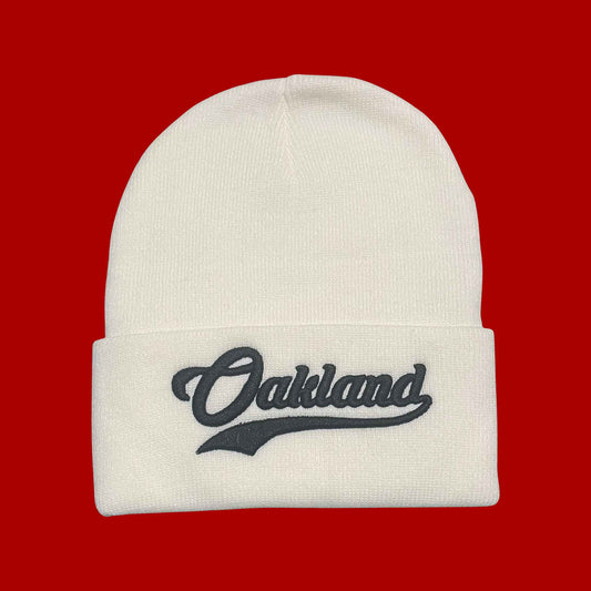 "Oakland" White,Black Embroidered, Beanie Cap
