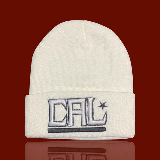 "CAL Star" White, White/Black Lettering Embroidered, Beanie Cap