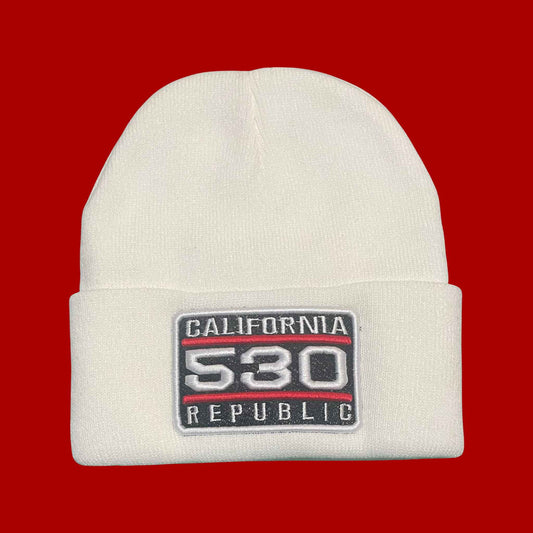 "California 530 Republic" White, White/Red Embroidered, Beanie Cap