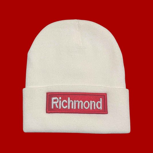 "Richmond" White, Red Lettering Embroidered, Beanie Cap