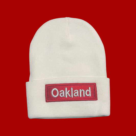 "Oakland" White, Red Lettering Embroidered, Beanie Cap