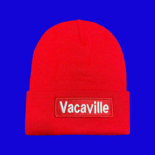 "Vacaville" Red, White Lettering Embroidered, Beanie Cap