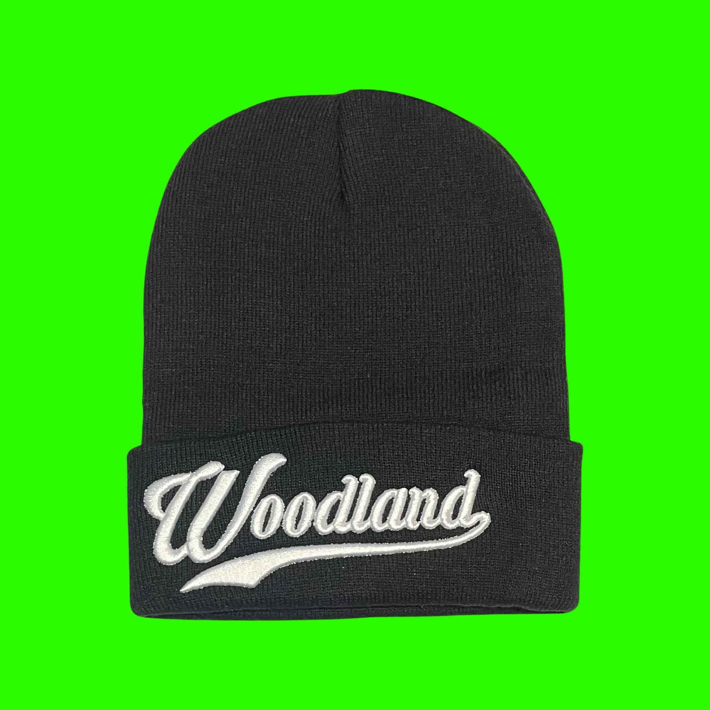 "Woodland" Black,White Embroidered, Beanie Cap