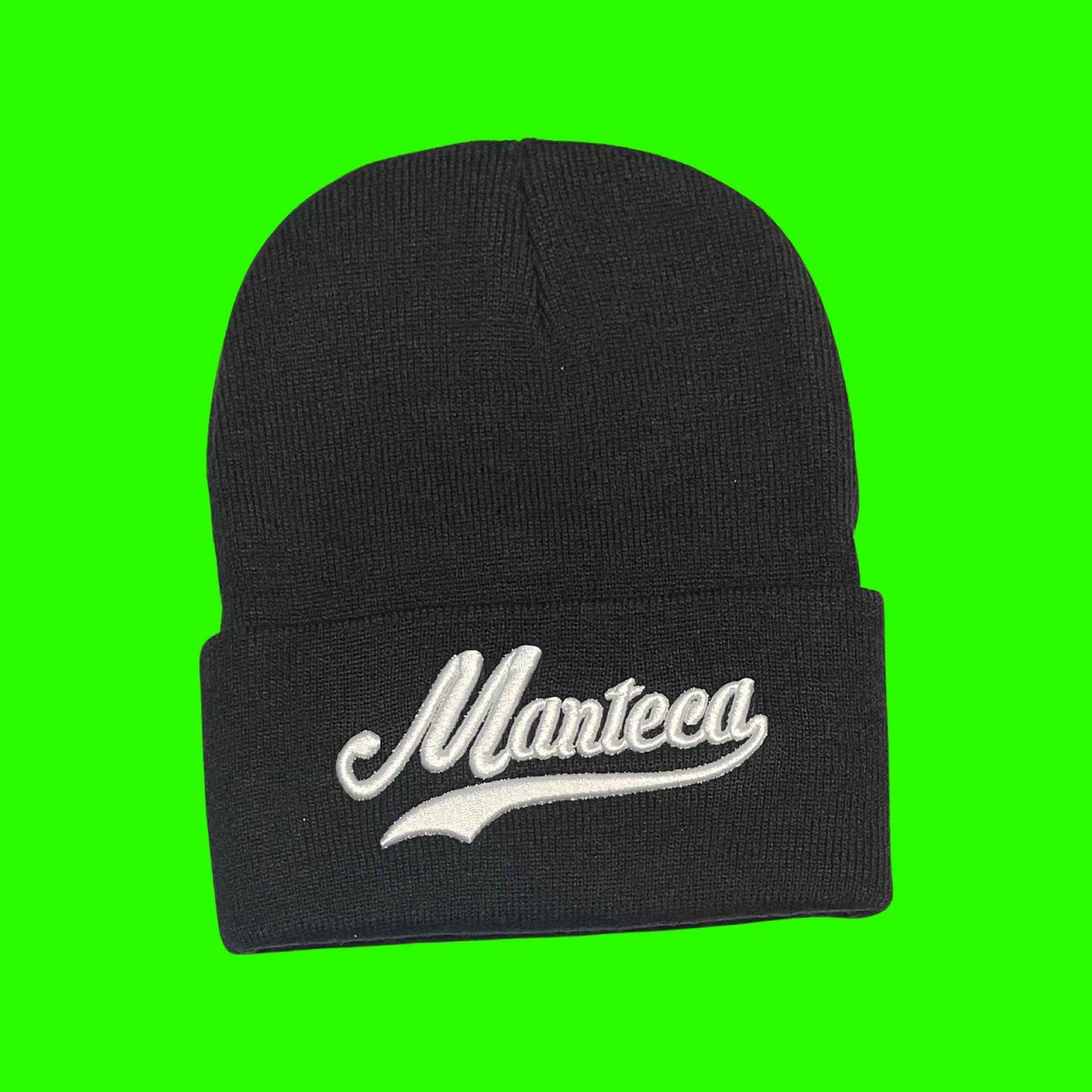 "Manteca" Black,White Lettering Embroidered, Beanie Cap