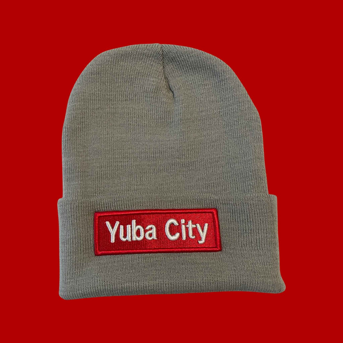"Yuba City" Grey, White/Red Lettering Embroidered, Beanie Cap