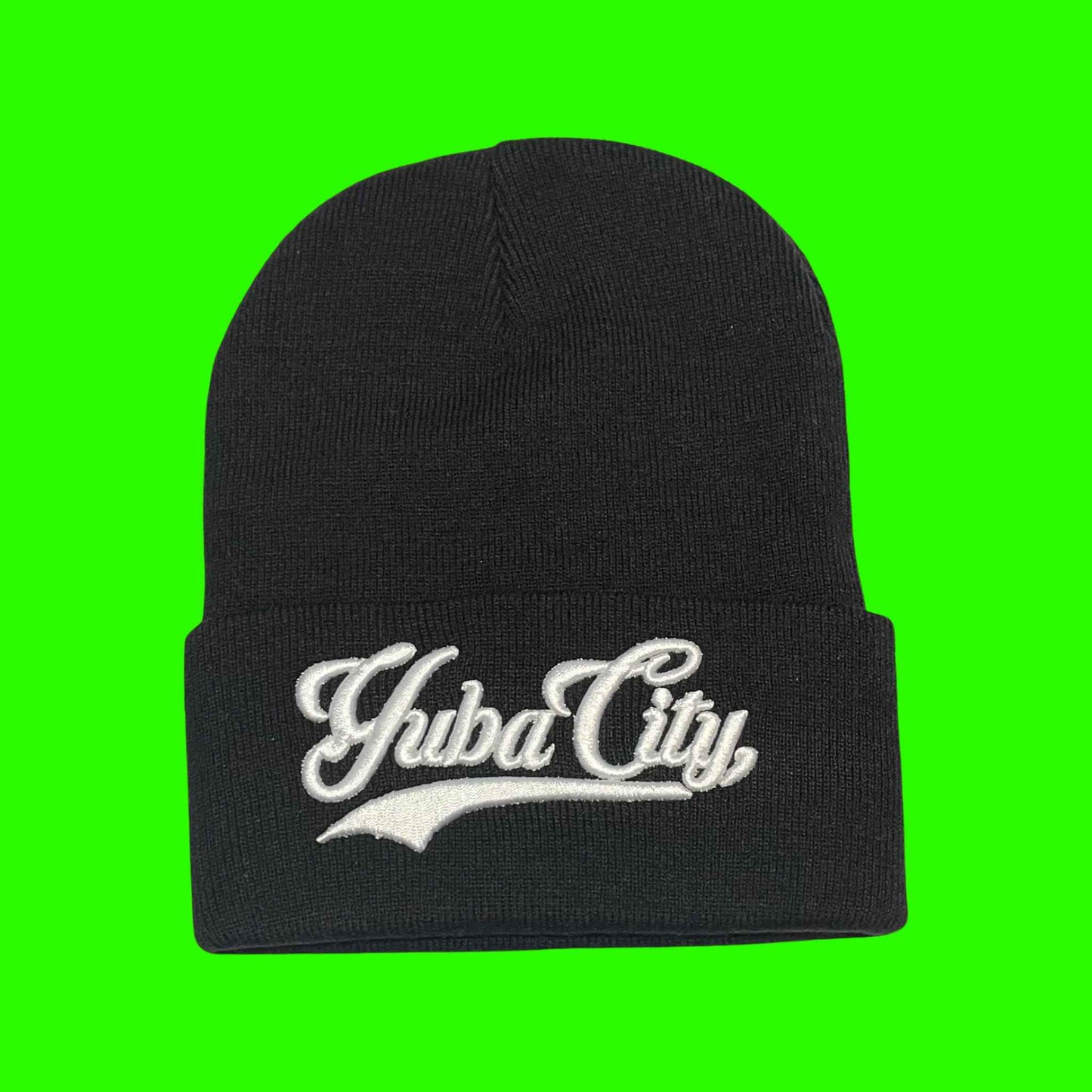 "Yuba City" Black,White Lettering Embroidered, Beanie Cap