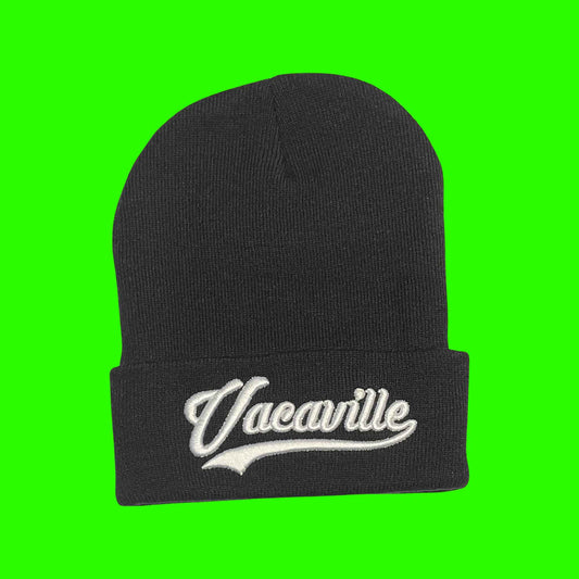"Vacaville" Black,White Lettering Embroidered, Beanie Cap