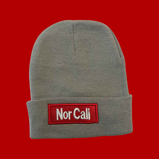 "Nor Cali" Grey, Red/White Lettering Embroidered, Beanie Cap