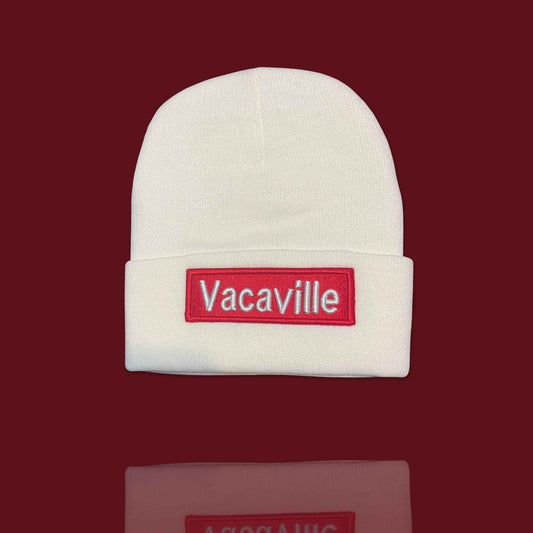 "Vacaville" White, Red Lettering Embroidered, Beanie Cap