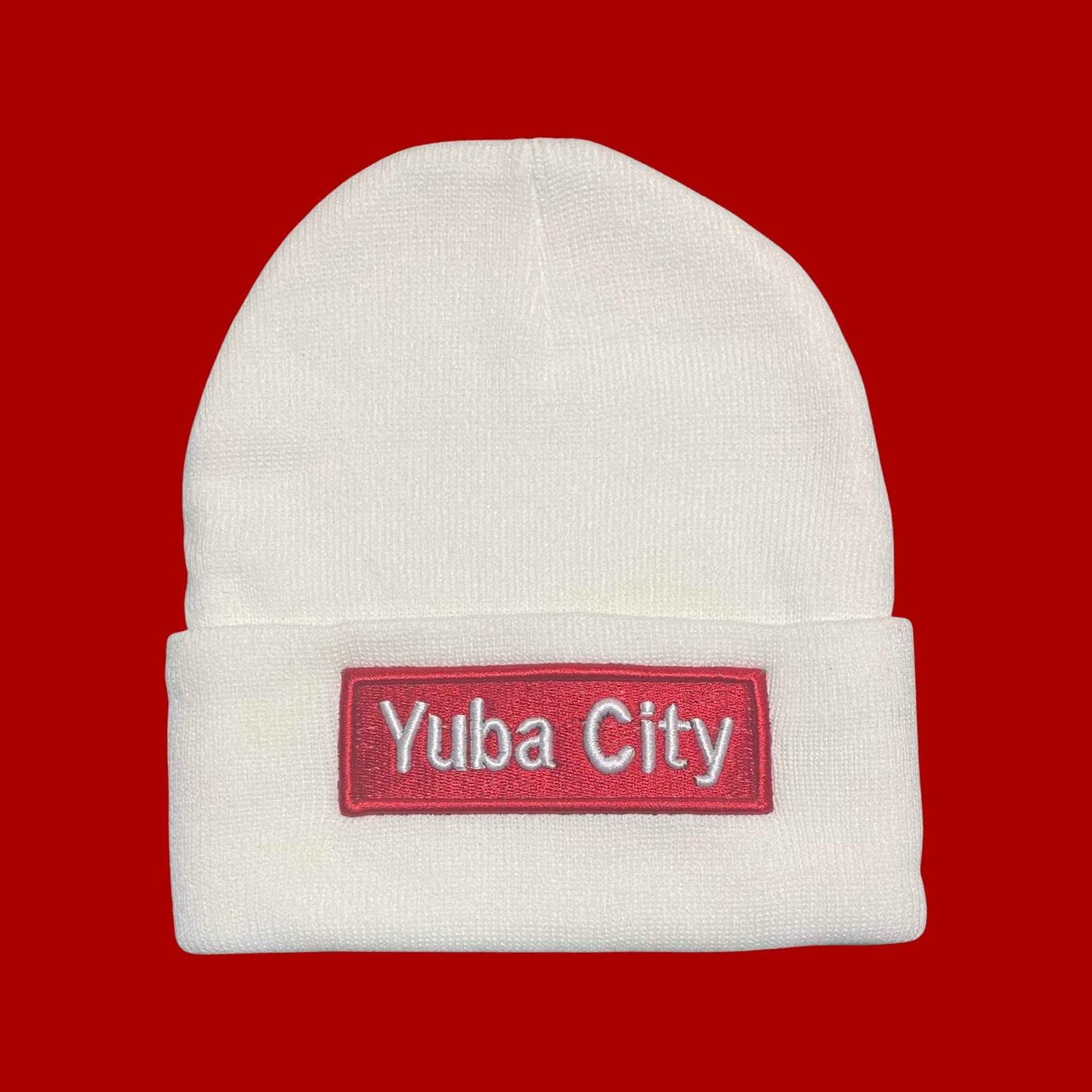 "Yuba City" White, Red Lettering Embroidered, Beanie Cap