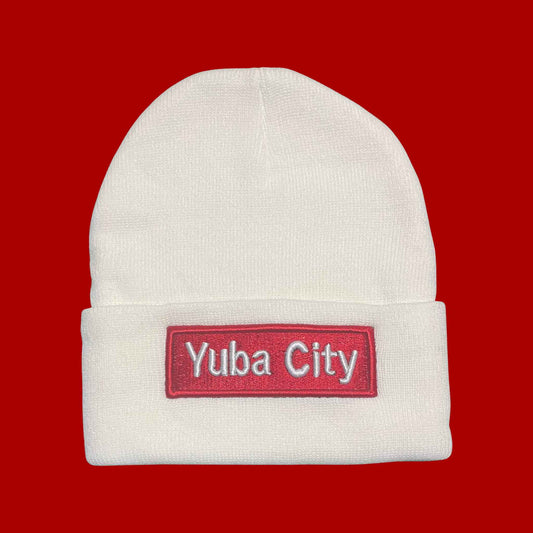 "Yuba City" White, Red Lettering Embroidered, Beanie Cap