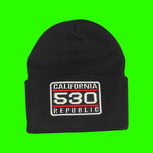 "California 530 Republic" Black, White/Red Embroidered, Beanie Cap