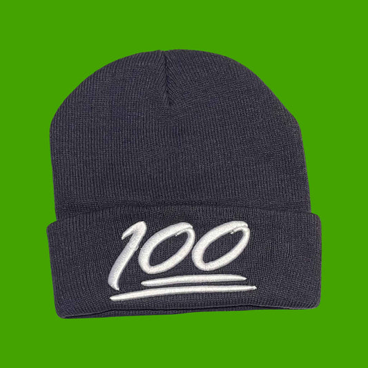 "100" Blue, White Lettering Embroidered, Beanie Cap