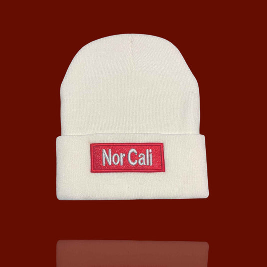 "Nor Cali" White, Red Lettering Embroidered, Beanie Cap
