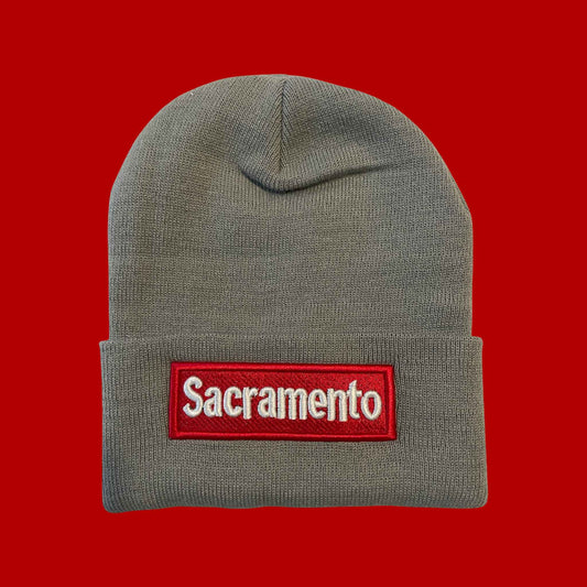"Sacramento" Grey, White/Red Lettering Embroidered, Beanie Cap
