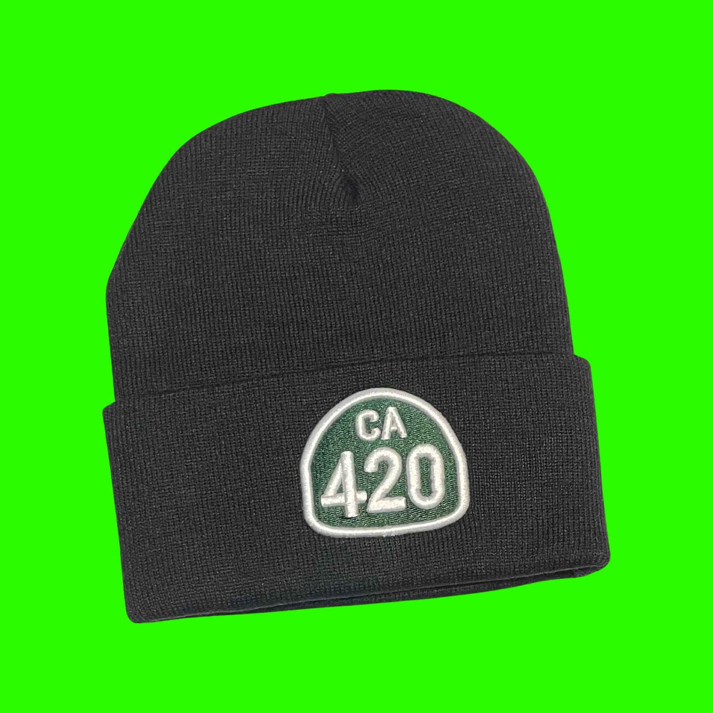 "CA 420" Black, White/Green Lettering Embroidered, Beanie Cap