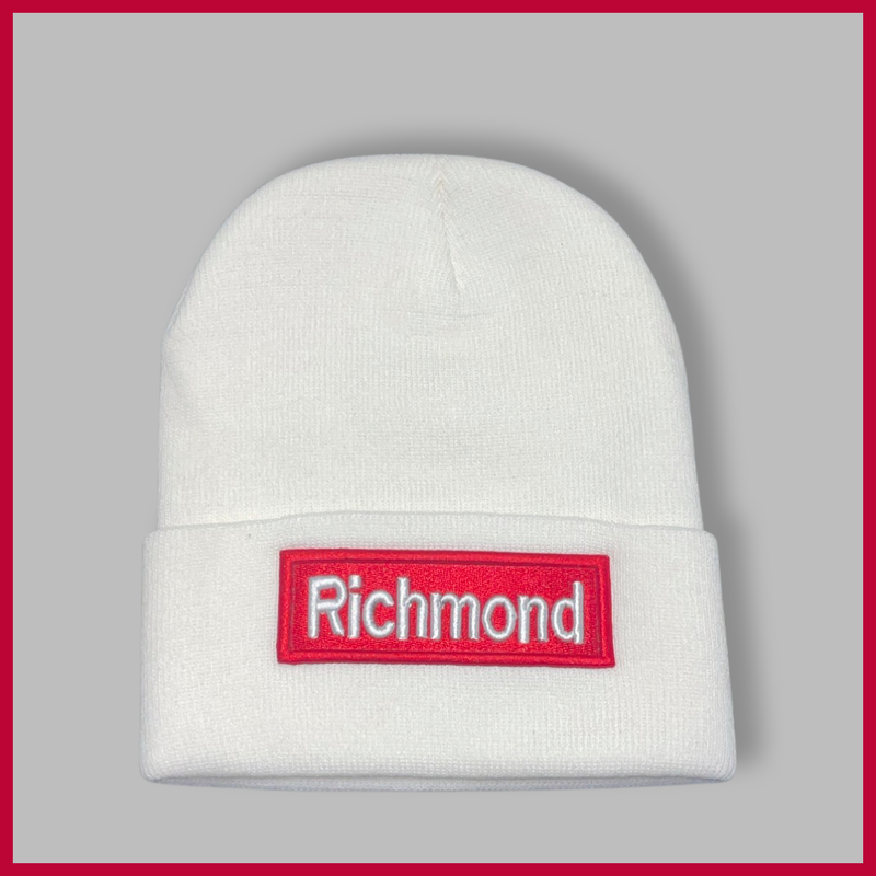 "Richmond" White, Red/White Embroidered, Beanie Cap