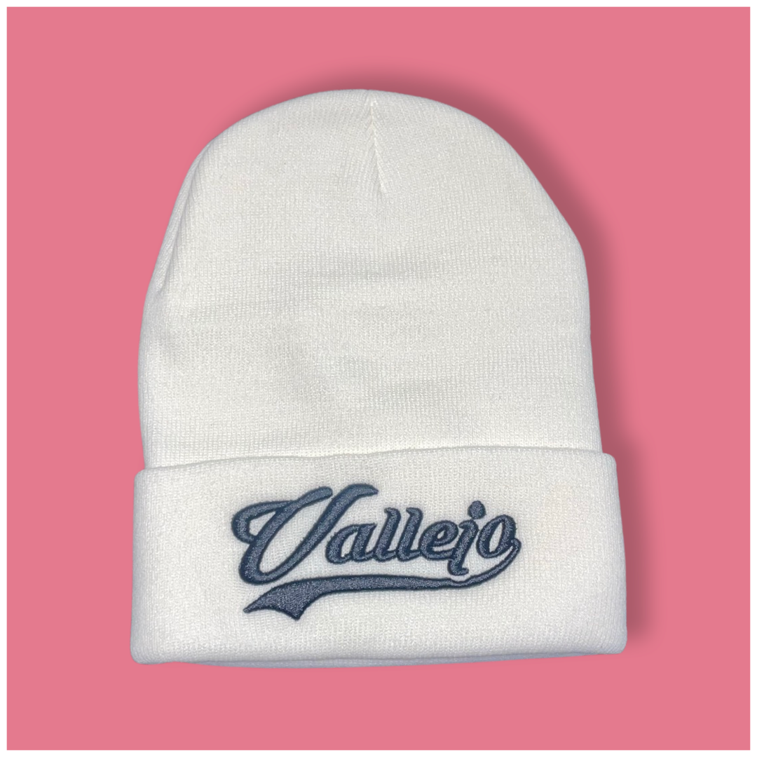 "Vallejo" Cursive, White/Black Lettering, Beanie Cap